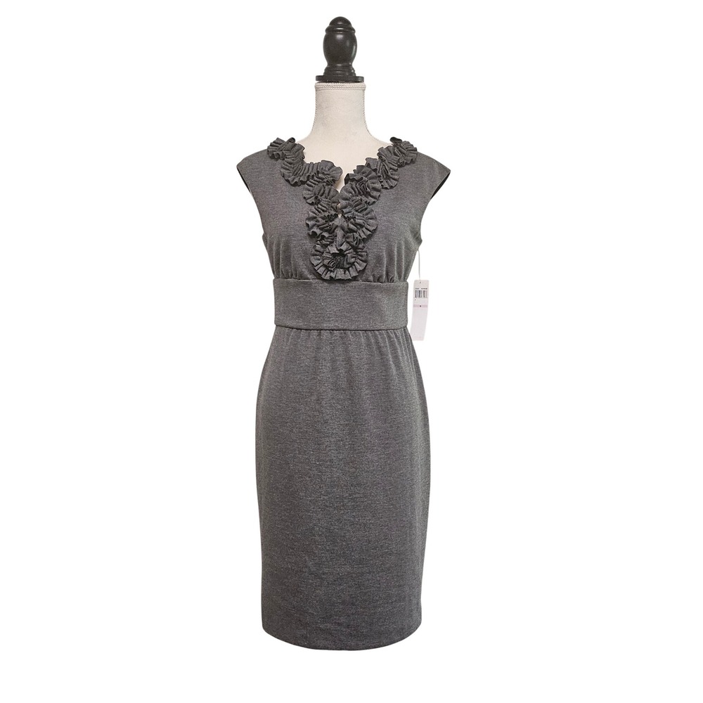 NWT London Times Scalloped Ruffle‎ Neck Gray Knit Dress Size 6 Office Minimalist